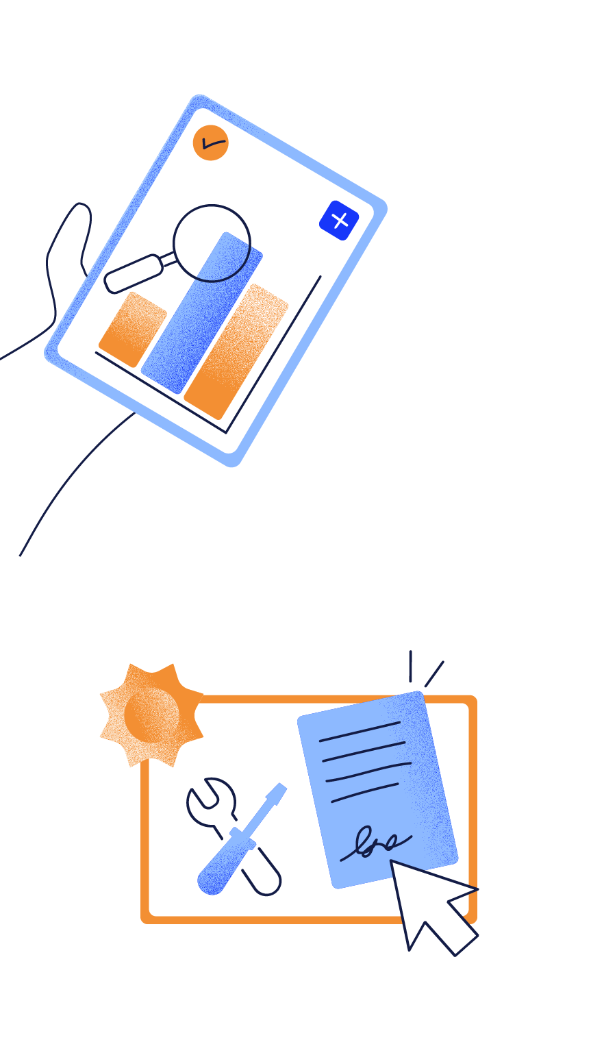 Dekorative Illustration einer Person mit Laptop auf der linken Seite
